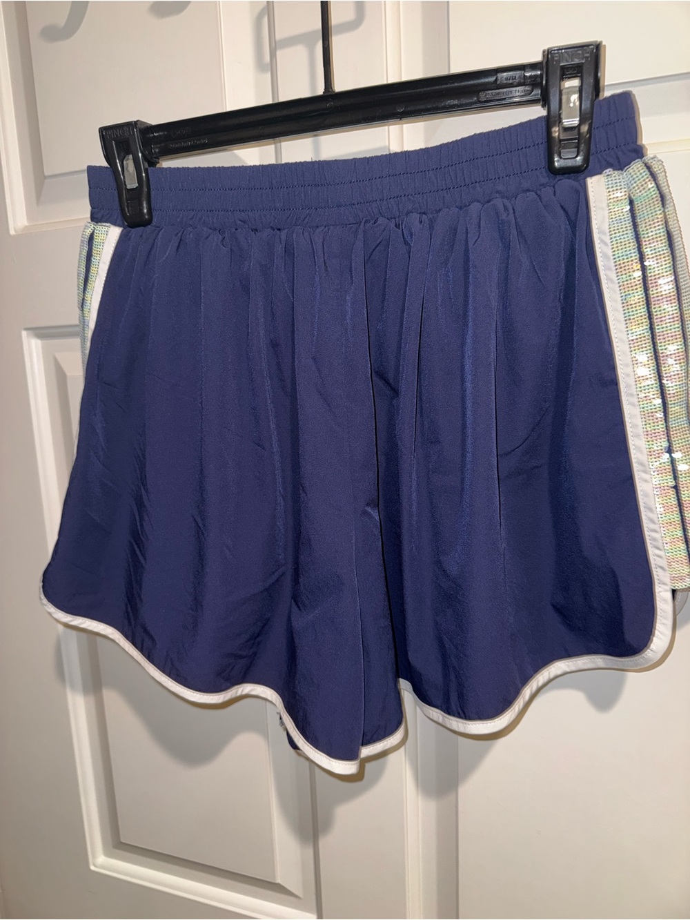 QUEEN OF SPARKLES Navy Athletic Shorts with Iridescent Sequin Side Stripe NWOT - Picture 4 of 5